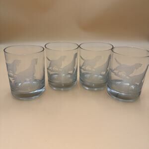 4-Vintage Low Ball Whiskey Glasses ETCHED Hunting Dogs HEBERL